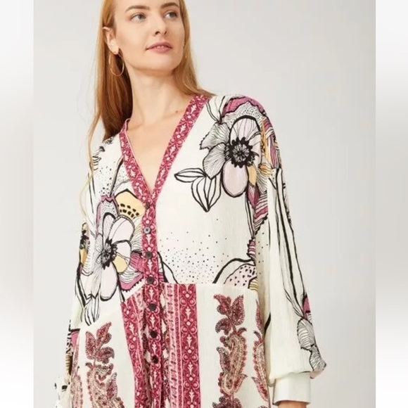 Free People C'est Moi Mixed Print Maxi Top Womens Sz XS Button Up Cardigan Dress - Picture 3 of 15